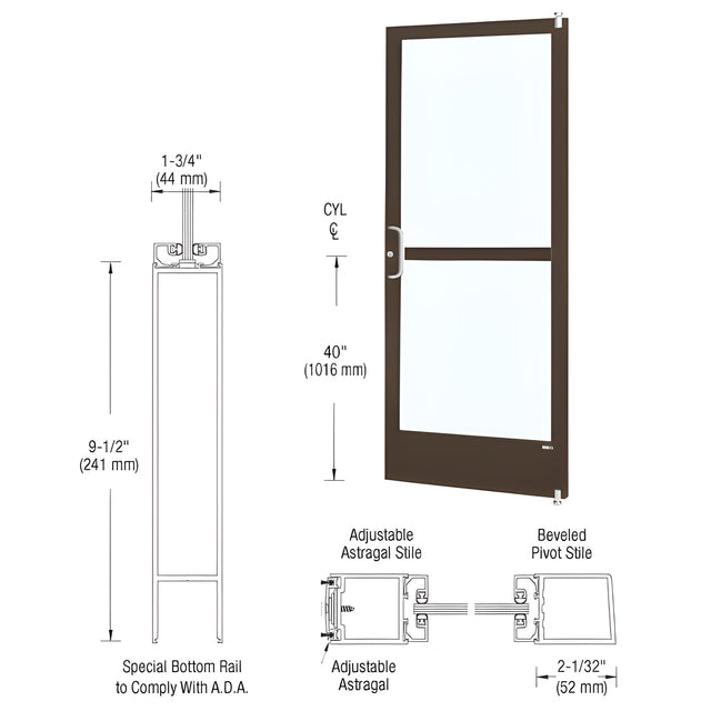 CRL-U.S. Aluminum Bronze Black Anodized 250 Series Narrow Stile Active Leaf of Pair 3'0 x 7'0 Offset Hung with Pivots for Surface Mount Closer Complete Panic Door for 1" Glass with Standard Panic and 9-1/2" Bottom Rail