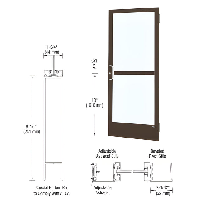 CRL-U.S. Aluminum Bronze Black Anodized 250 Series Narrow Stile Active Leaf of Pair 3'0 x 7'0 Offset Hung with Butt Hinges for Surface Mount Closer Complete Panic Door for 1" Glass with Standard Panic and 9-1/2" Bottom Rail