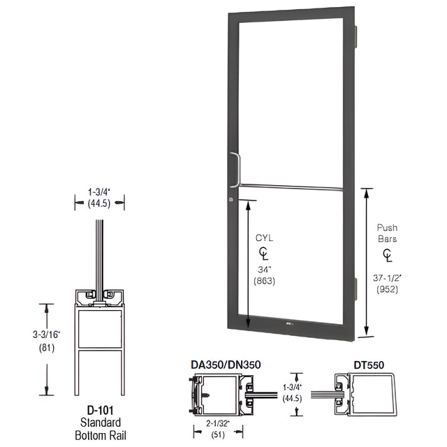 CRL-U.S. Aluminum Bronze Black Anodized 250 Series Narrow Stile Active Leaf of Pair 3'0 x 7'0 Offset Hung with Butt Hinges for Surf Mount Closer Complete Door for 1" Glass with Standard MS Lock and Bottom Rail