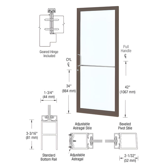 CRL-U.S. Aluminum Bronze Black Anodized 250 Series Narrow Stile Active Leaf of Pair 3'0 x 7'0 Offset Hung with Geared Hinged Complete Door for 1" Glass with Standard MS Lock and Bottom Rail