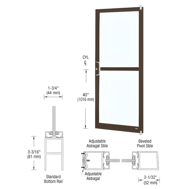 CRL-U.S. Aluminum Bronze Black Anodized 250 Series Narrow Stile Active Leaf of Pair 3'0 x 7'0 Offset Hung with Pivots for Surf Mount Closer Complete Panic Door for 1" Glass with Standard MS Lock and Bottom Rail