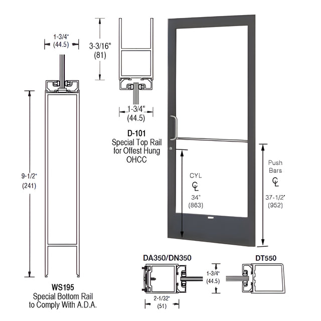 CRL-U.S. Aluminum Bronze Black Anodized 250 Series Narrow Stile Active Leaf of Pair Offset Hung with Offset Pivots for OHCC 105º Closer Complete ADA Door(s) with Lock Indicator, Cyl Guard