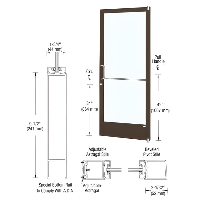 CRL-U.S. Aluminum Bronze Black Anodized 250 Series Narrow Stile Active Leaf of Pair 3'0 x 7'0 Offset Hung with Pivots for Surface Mount Closer Complete ADA Door with Lock Indicator, Cylinder Guard - for 1/4" Glazing