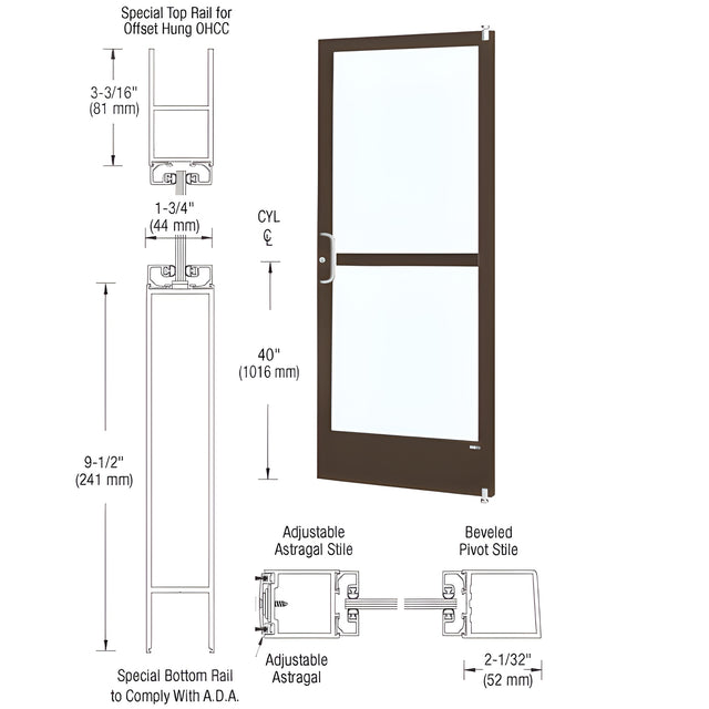 CRL-U.S. Aluminum Bronze Black Anodized 250 Series Narrow Stile Active Leaf of Pair Offset Hung with Offset Pivots for OHCC 105 Degree Closer Complete Panic Door with Std. Panic & 9-1/2" Bottom Rail