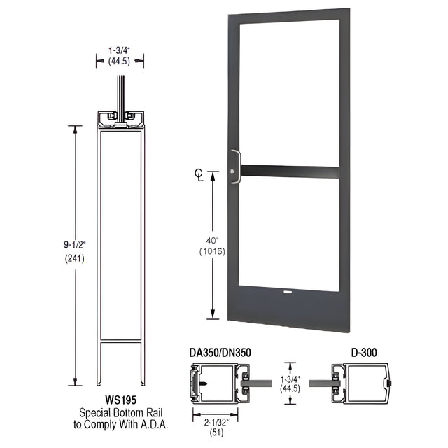 CRL-U.S. Aluminum Bronze Black Anodized 250 Series Narrow Stile Active Leaf of Pair 3'0 x 7'0 Center Hung for OHCC with Standard Push Bars Complete Panic Door with Standard Panic and 9-1/2" Bottom Rail