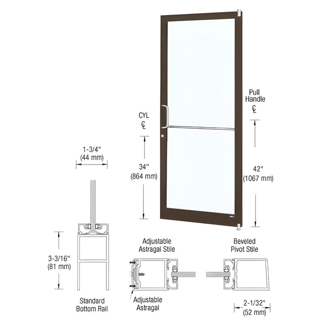 CRL-U.S. Aluminum Bronze Black Anodized 250 Series Narrow Stile Active Leaf of Pair 3'0 x 7'0 Offset Hung with Pivots for OHCC Closer Complete Door Std. MS Lock & Bottom Rail