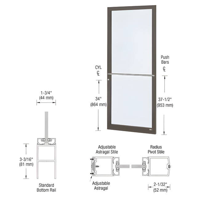 CRL-U.S. Aluminum Bronze Black Anodized 250 Series Narrow Stile Active Leaf of Pair 3'0 x 7'0 Center Hung for OHCC w/Standard Push Bars Complete Door Std. MS Lock & Bottom Rail