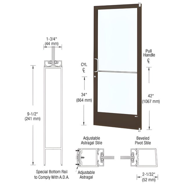 CRL-U.S. Aluminum Bronze Black Anodized 250 Series Narrow Stile Active Leaf of Pair 3'0 x 7'0 Offset Hung with Pivots for Surf Mount Closer Complete Door Std. Lock and 9-1/2" Bottom Rail