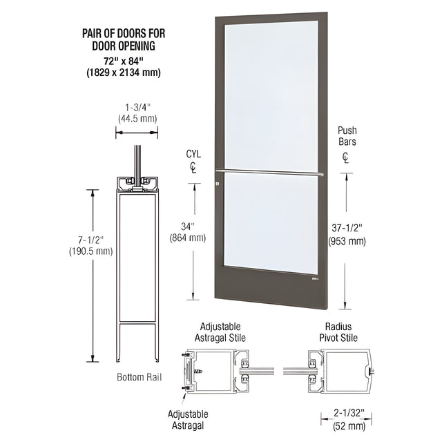 CRL-U.S. Aluminum Bronze Black Anodized 250 Series Narrow Stile Active Leaf of Pair 3'0 x 7'0 Center Hung for OHCC w/Standard Push Bars Complete Door/Std. MS Lock, 7-1/2" Std. Bottom Rail
