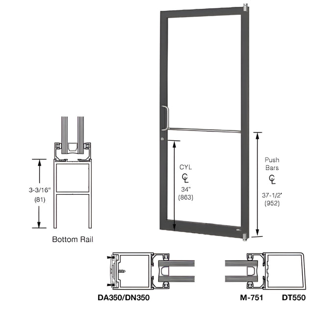 CRL-U.S. Aluminum Bronze Black Anodized 250 Series Narrow Stile Active Leaf of Pair 3'0 x 7'0 Offset Hung with Pivots for Surf Mount Closer Complete Door Std. MS Lock and Std. Bottom Rail