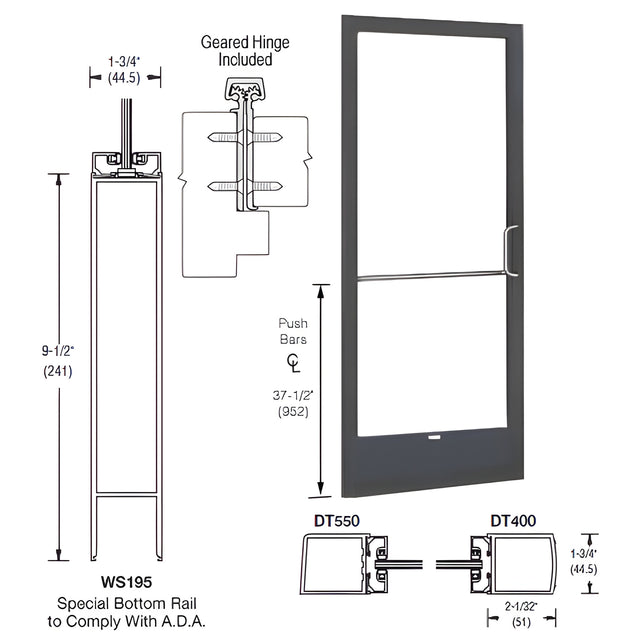 CRL-U.S. Aluminum Bronze Black Anodized 250 Series Narrow Stile Inactive Leaf of Pair 3'0 x 7'0 Offset Hung with Geared Hinged Complete ADA Door with Lock Indicator, Cylinder Guard - for 1" Glazing