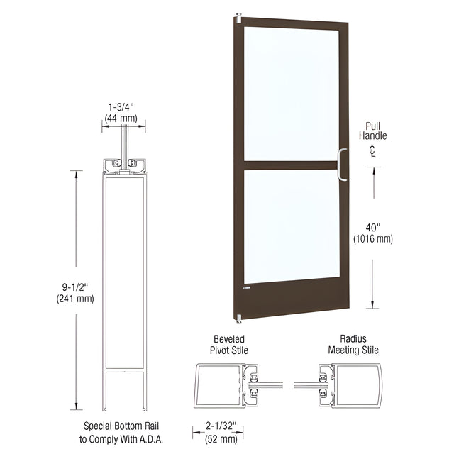 CRL-U.S. Aluminum Bronze Black Anodized 250 Series Narrow Stile Inactive Leaf of Pair 3'0 x 7'0 Offset Hung with Pivots for Surface Mount Closer Complete Panic Door for 1" Glass with Standard Panic and 9-1/2" Bottom Rail