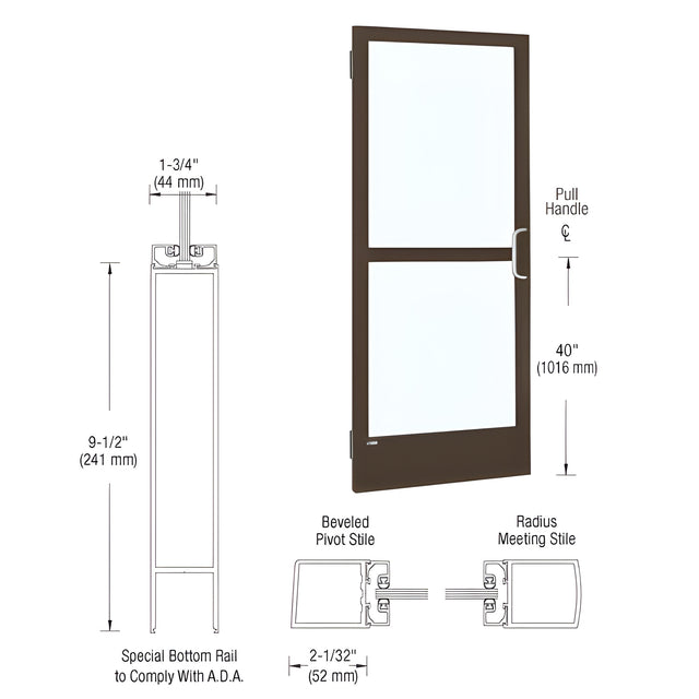 CRL-U.S. Aluminum Bronze Black Anodized 250 Series Narrow Stile Inactive Leaf of Pair 3'0 x 7'0 Offset Hung with Butt Hinges for Surface Mount Closer Complete Panic Door for 1" Glass with Standard Panic and 9-1/2" Bottom Rail