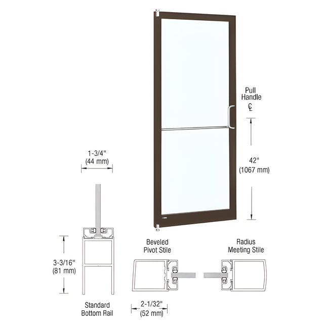 CRL-U.S. Aluminum Bronze Black Anodized 250 Series Narrow Stile Inactive Leaf of Pair 3'0 x 7'0 Offset Hung with Pivots for Surf Mount Closer Complete Door for 1" Glass with Standard MS Lock and Bottom Rail