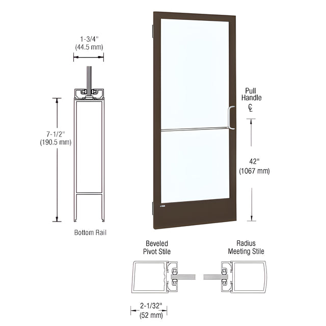 CRL-U.S. Aluminum Bronze Black Anodized 250 Series Narrow Stile Inactive Leaf of Pair 3'0 x 7'0 Offset Hung with Butt Hinges for Surf Mount Closer Complete Doors for 1" Glass with Standard MS Lock, 7-1/2" Standard Bottom Rail
