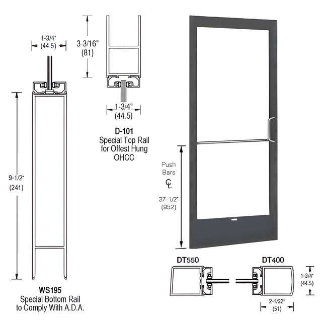 CRL-U.S. Aluminum Bronze Black Anodized 250 Series Narrow Stile Inactive Leaf of Pair Offset Hung with Offset Pivots for OHCC 105º Closer Complete ADA Door(s) with Lock Indicator, Cyl Guard