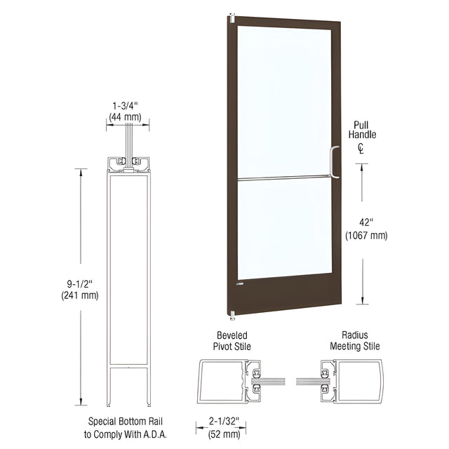 CRL-U.S. Aluminum Bronze Black Anodized 250 Series Narrow Stile Inactive Leaf of Pair 3'0 x 7'0 Offset Hung with Pivots for Surface Mount Closer Complete ADA Door with Lock Indicator, Cylinder Guard - for 1/4" Glazing