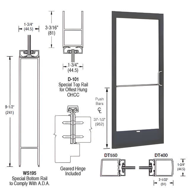 CRL-U.S. Aluminum Bronze Black Anodized 250 Series Narrow Stile Inactive Leaf of Pair Offset Hung with Geared Hinged for OHCC 105º Closer Complete ADA Door(s) with Lock Indicator, Cyl Guard