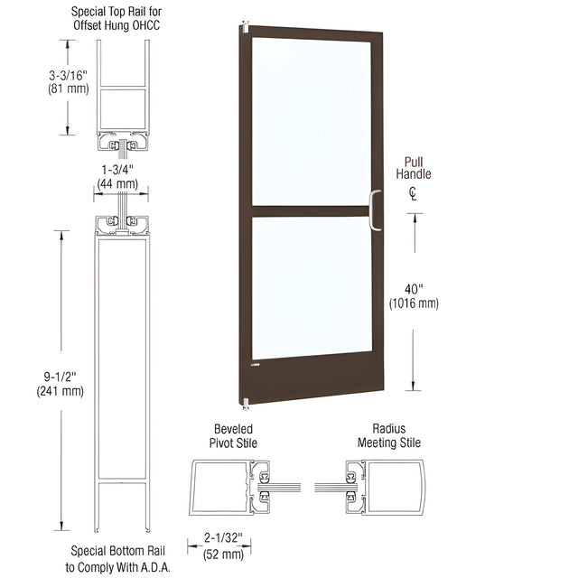 CRL-U.S. Aluminum Bronze Black Anodized 250 Series Narrow Stile Inactive Leaf of Pair Offset Hung with Offset Pivots for OHCC 105 Degree Closer Complete Panic Door with Std. Panic & 9-1/2" Bottom Rail