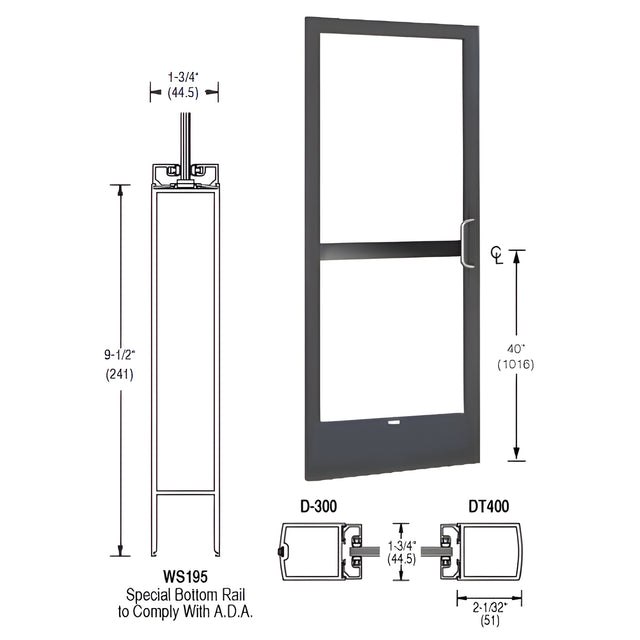 CRL-U.S. Aluminum Bronze Black Anodized 250 Series Narrow Stile Inactive Leaf of Pair 3'0 x 7'0 Center Hung for OHCC with Standard Push Bars Complete Panic Door with Standard Panic and 9-1/2" Bottom Rail