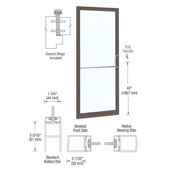 CRL-U.S. Aluminum Bronze Black Anodized 250 Series Narrow Stile Inactive Leaf of Pair 3'0 x 7'0 Offset Hung with Geared Hinged Complete Door Std. MS Lock & Bottom Rail