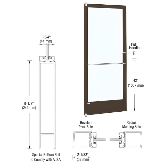 CRL-U.S. Aluminum Bronze Black Anodized 250 Series Narrow Stile Inactive Leaf of Pair 3'0 x 7'0 Offset Hung with Pivots for Surf Mount Closer Complete Door Std. Lock and 9-1/2" Bottom Rail