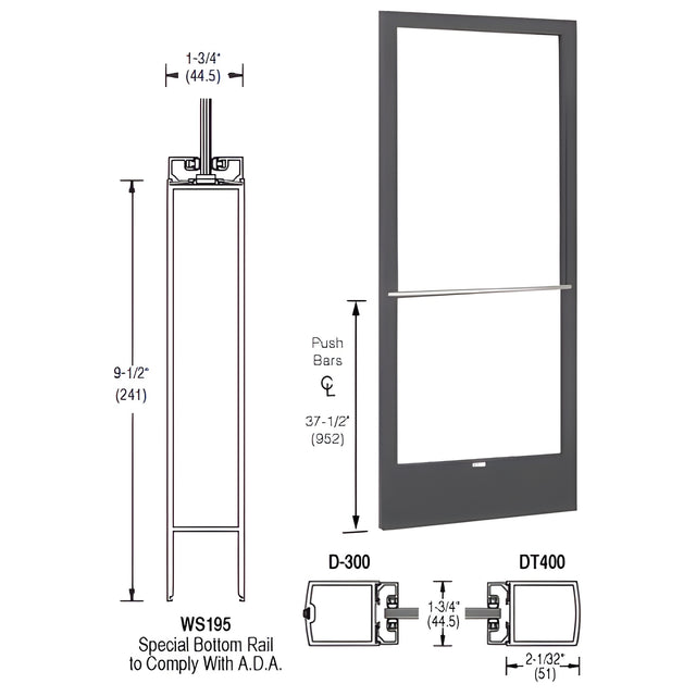 CRL-U.S. Aluminum Bronze Black Anodized 250 Series Narrow Stile Inactive Leaf of Pair 3'0 x 7'0 Center Hung for OHCC w/Standard Push Bars Complete Door Std. Lock & 9-1/2" Bottom Rail
