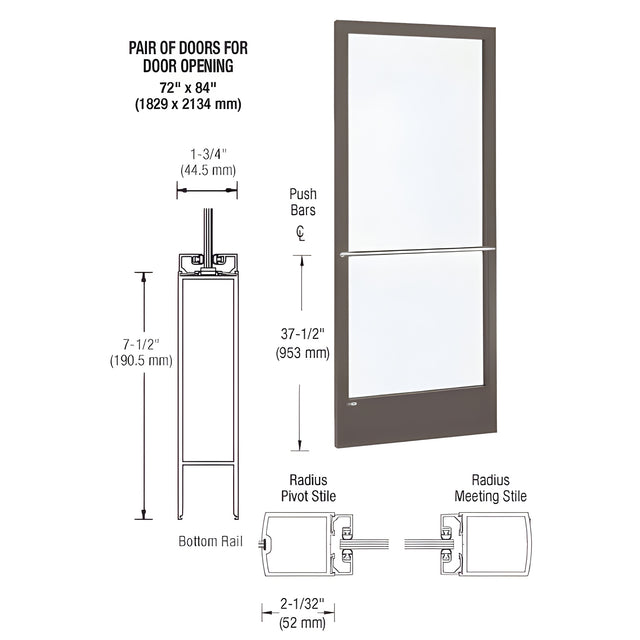 CRL-U.S. Aluminum Bronze Black Anodized 250 Series Narrow Stile Inactive Leaf of Pair 3'0 x 7'0 Center Hung for OHCC w/Standard Push Bars Complete Door/Std. MS Lock, 7-1/2" Std. Bottom Rail