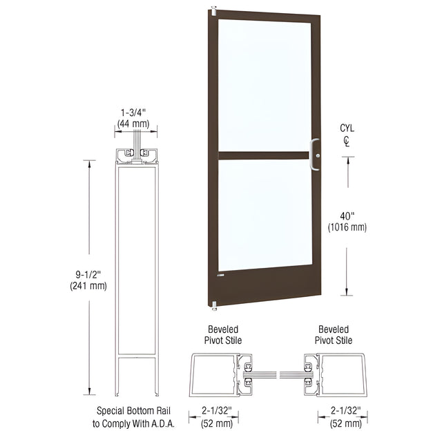 CRL-U.S. Aluminum Bronze Black Anodized 250 Series Narrow Stile (LHR) HLSO Single 3' x 7' Offset Hung with Pivots for Surf Mount Closer Complete Panic Door for 1" Glass with Standard Panic and 9-1/2" Bottom Rail
