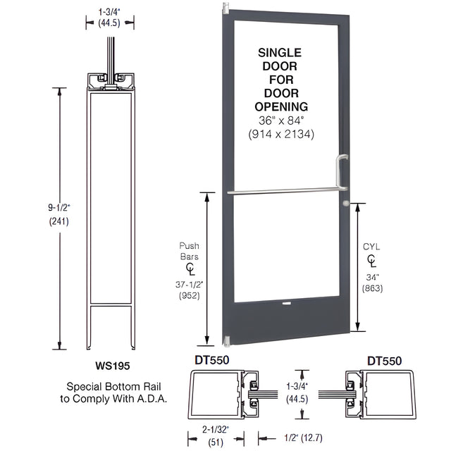 CRL-U.S. Aluminum Bronze Black Anodized 250 Series Narrow Stile (LHR) HLSO Single 3'0 x 7'0 Offset Hung with Pivots for Surf Mount Closer Complete Door for 1" Glass with Standard MS Lock and Bottom Rail