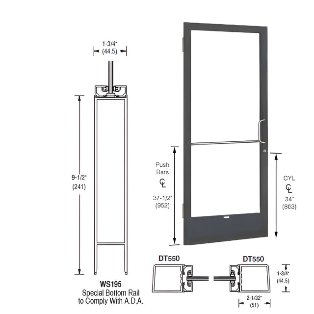CRL-U.S. Aluminum Bronze Black Anodized 250 Series Narrow Stile (LHR) HLSO Single 3'0 x 7'0 Offset Hung with Butt Hinges for Surf Mount Closer Complete Door Std. Lock and 9-1/2" Bottom Rail for 1" Glass with Standard MS Lock and Bottom Rail