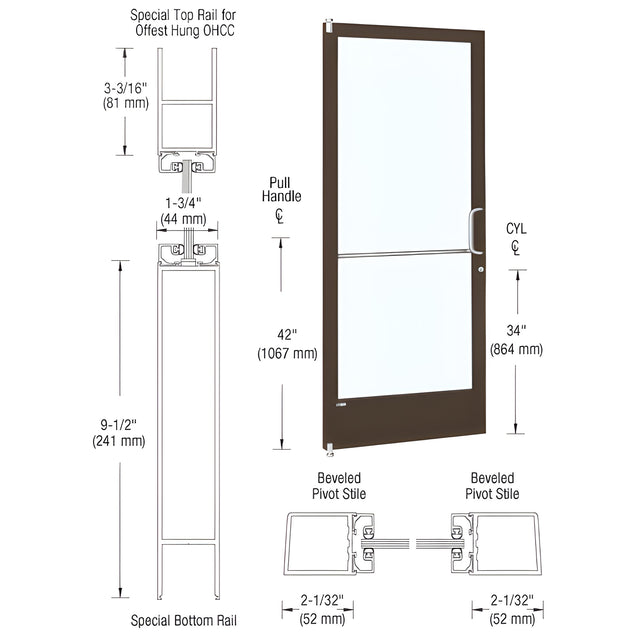CRL-U.S. Aluminum Bronze Black Anodized 250 Series Narrow Stile (LHR) HLSO Single 3'0 x 7'0 Offset Hung with Offset Pivots for OHCC 105º Closer Complete ADA Door(s) with Lock Indicator, Cyl Guard
