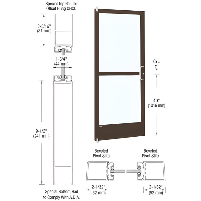 CRL-U.S. Aluminum Bronze Black Anodized 250 Series Narrow Stile (LHR) HLSO Single 3'0 x 7'0 Offset Hung with Offset Pivots for OHCC 105 Degree Closer Complete Panic Door with Standard Panic and 9-1/2" Bottom Rail