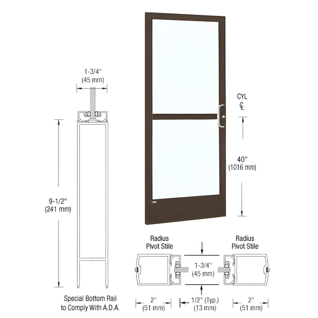 CRL-U.S. Aluminum Bronze Black Anodized 250 Series Narrow Stile (LHR) HLSO Single 3'0 x 7'0 Center Hung for OHCC w/Standard Push Bars Complete Panic Door with Std. Panic & 9-1/2" Bottom Rail