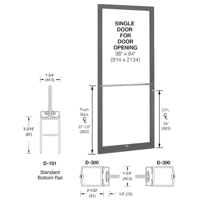 CRL-U.S. Aluminum Bronze Black Anodized 250 Series Narrow Stile (LHR) HLSO Single 3'0 x 7'0 Center Hung for OHCC w/Standard Push Bars Complete Door Std. MS Lock & Bottom Rail
