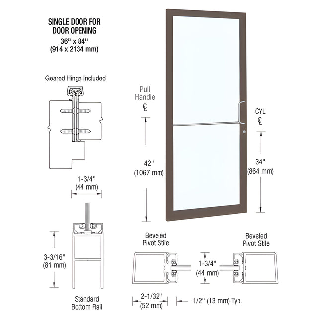 CRL-U.S. Aluminum Bronze Black Anodized 250 Series Narrow Stile (LHR) HLSO Single 3'0 x 7'0 Offset Hung with Geared Hinged Complete Door Std. MS Lock & Bottom Rail