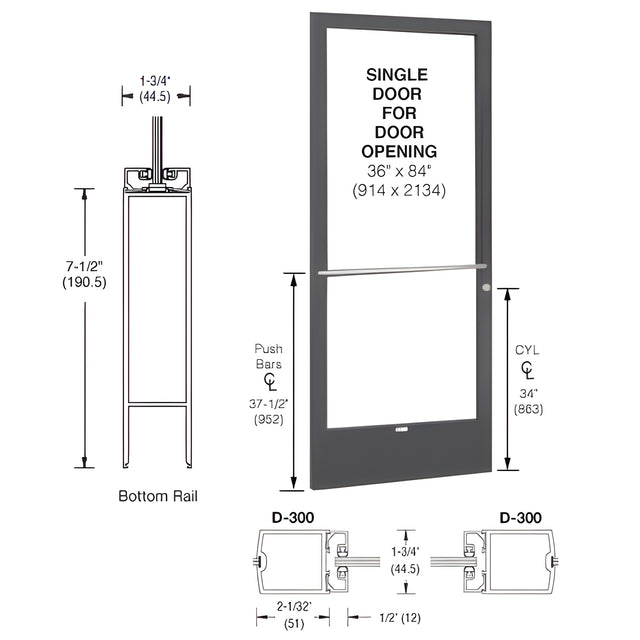 CRL-U.S. Aluminum Bronze Black Anodized 250 Series Narrow Stile (LHR) HLSO Single 3'0 x 7'0 Center Hung for OHCC with Standard Push Bars Complete Door/Std. MS Lock, 7-1/2" Std. Bottom Rail