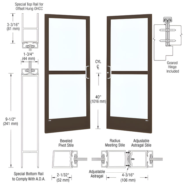 CRL-U.S. Aluminum Bronze Black Anodized 250 Series Narrow Stile Pair 6'0 x 7'0 Offset Hung with Geared Hinged for OHCC 105 Degree Closer Complete Panic Door with Standard Panic and 9-1/2" Bottom Rail