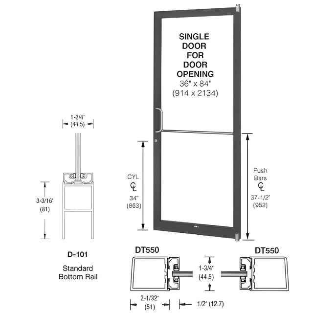 CRL-U.S. Aluminum Bronze Black Anodized 250 Series Narrow Stile (RHR) HRSO Single 3'0 x 7'0 Offset Hung with Pivots for Surf Mount Closer Complete Door for 1" Glass with Standard MS Lock and Bottom Rail