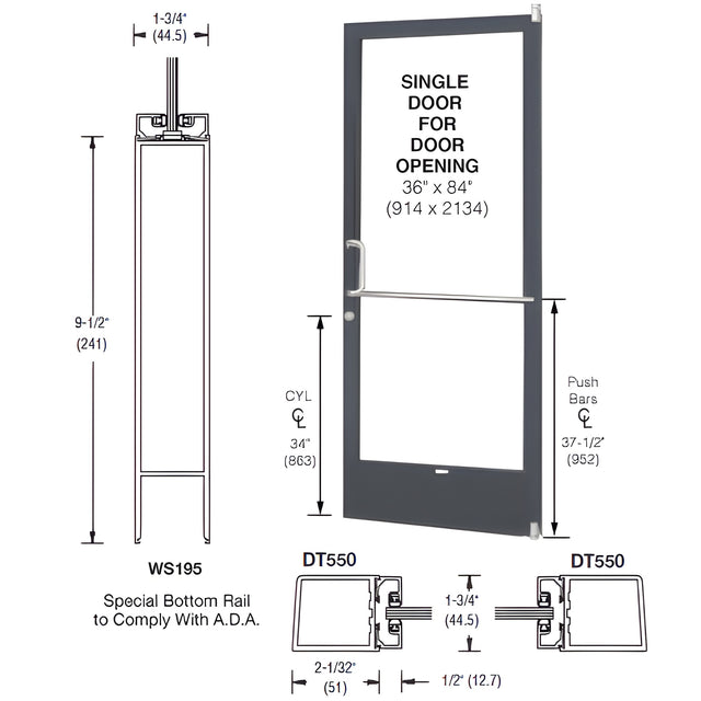 CRL-U.S. Aluminum Bronze Black Anodized 250 Series Narrow Stile (RHR) HRSO Single 3'0 x 7'0 Offset Hung with Pivots for Surf Mount Closer Complete Door for 1" Glass with Standard MS Lock and Bottom Rail