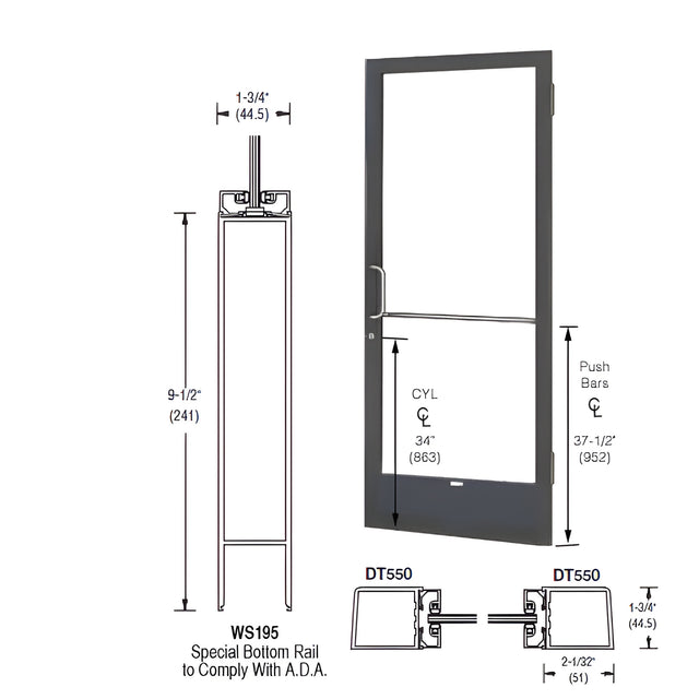CRL-U.S. Aluminum Bronze Black Anodized 250 Series Narrow Stile (RHR) HRSO Single 3'0 x 7'0 Offset Hung with Butt Hinges for Surf Mount Closer Complete Door Std. Lock and 9-1/2" Bottom Rail for 1" Glass with Standard MS Lock and Bottom Rail