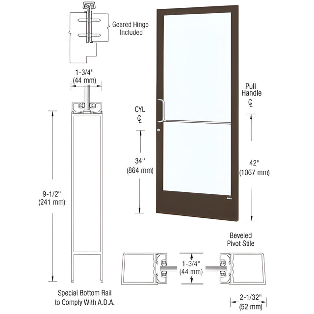 CRL-U.S. Aluminum Bronze Black Anodized 250 Series Narrow Stile (RHR) HRSO Single 3'0 x 7'0 Offset Hung with Geared Hinged Complete Door Std. Lock and 9-1/2" Bottom Rail for 1" Glass with Standard MS Lock and Bottom Rail