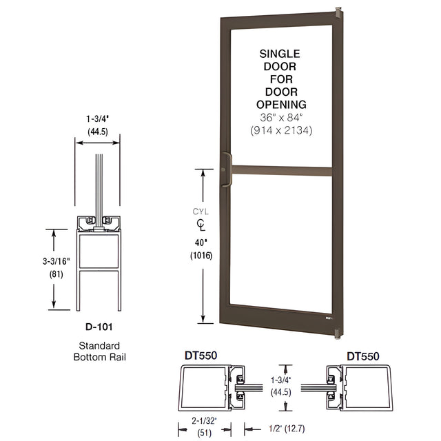 CRL-U.S. Aluminum Bronze Black Anodized 250 Series Narrow Stile (RHR) HRSO Single 3'0 x 7'0 Offset Hung with Pivots for Surf Mount Closer Complete Panic Door for 1" Glass with Standard MS Lock and Bottom Rail