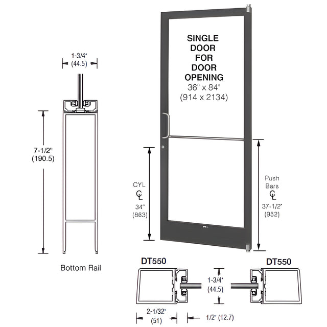 CRL-U.S. Aluminum Bronze Black Anodized 250 Series Narrow Stile (RHR) HRSO Single 3'0 x 7'0 Offset Hung with Pivots for Surf Mount Closer Complete Door for 1" Glass with Standard MS Lock, 7-1/2" Standard Bottom Rail