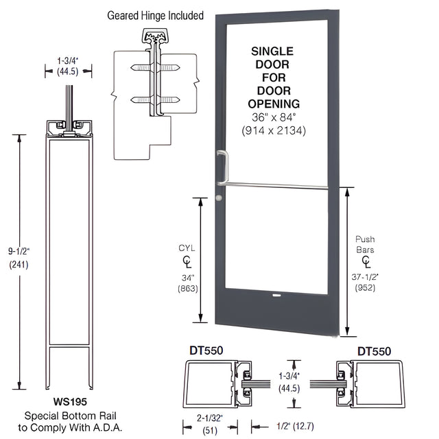 CRL-U.S. Aluminum Bronze Black Anodized 250 Series Narrow Stile (RHR) HRSO Single 3'0 x 7'0 Offset Hung with Geared Hinged Complete ADA Door, Lock Indicator, Cylinder Guard - for 1/4" Glazing