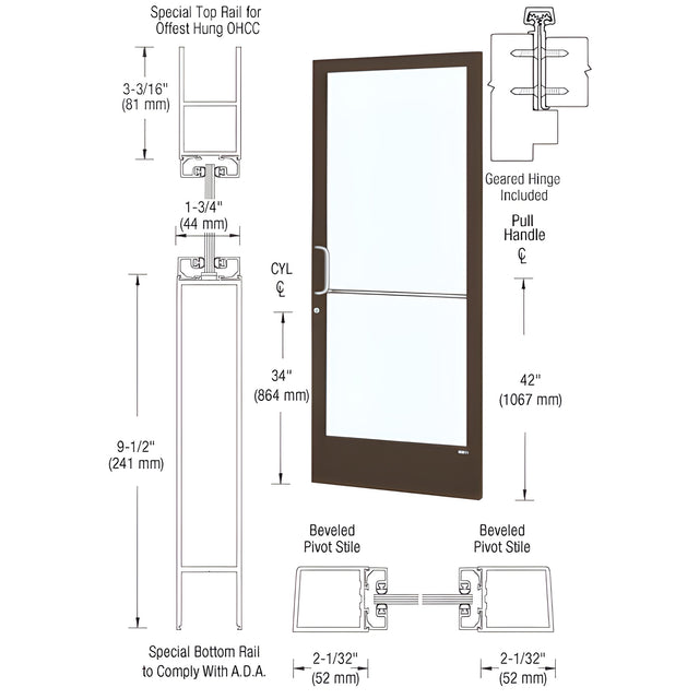 CRL-U.S. Aluminum Bronze Black Anodized 250 Series Narrow Stile (RHR) HRSO Single 3'0 x 7'0 Offset Hung with Geared Hinged for OHCC 105º Closer Complete ADA Door(s) with Lock Indicator, Cyl Guard