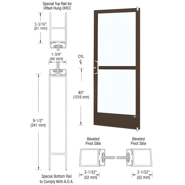 CRL-U.S. Aluminum Bronze Black Anodized 250 Series Narrow Stile (RHR) HRSO Single 3'0 x 7'0 Offset Hung with Offset Pivots for OHCC 105 Degree Closer Complete Panic Door with Standard Panic and 9-1/2" Bottom Rail
