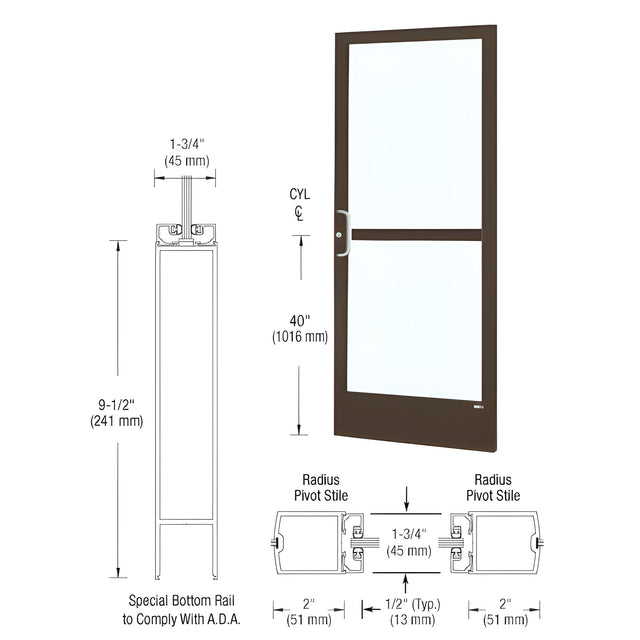 CRL-U.S. Aluminum Bronze Black Anodized 250 Series Narrow Stile (RHR) HRSO Single 3'0 x 7'0 Center Hung for OHCC with Standard Push Bars Complete Panic Door with Std. Panic & 9-1/2" Bottom Rail