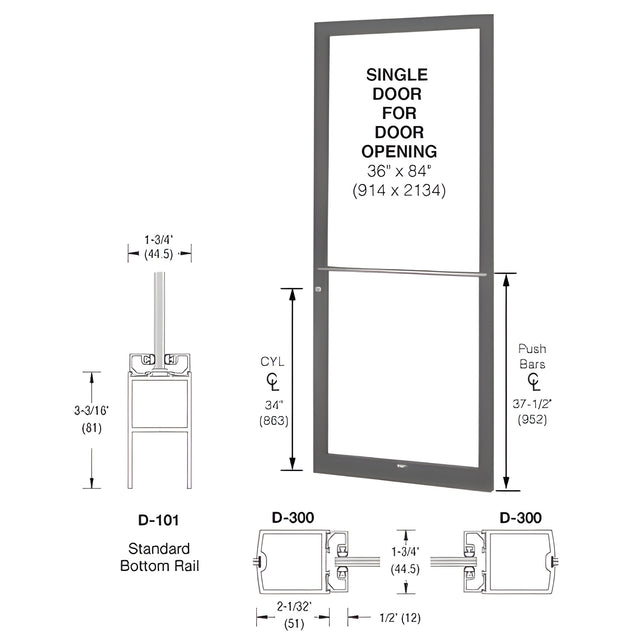 CRL-U.S. Aluminum Bronze Black Anodized 250 Series Narrow Stile (RHR) HRSO Single 3'0 x 7'0 Center Hung for OHCC w/Standard Push Bars Complete Door Std. MS Lock & Bottom Rail