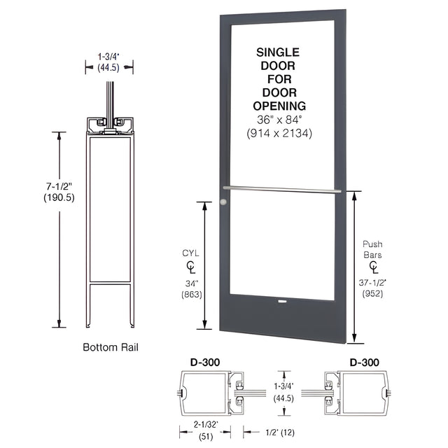 CRL-U.S. Aluminum Bronze Black Anodized 250 Series Narrow Stile (RHR) HRSO Single 3'0 x 7'0 Center Hung for OHCC w/Standard Push Bars Complete Door / Std. MS Lock, 7-1/2" Std. Bottom Rail